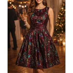 HuangJiWu Jewel Tone Jacquard Fit & Flare Bird Print Dress show XL Fit US 10 New